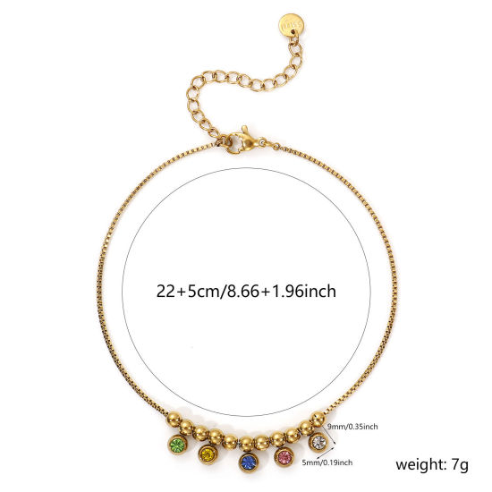 Immagine di 1 Pz Placcatura Sottovuoto PVD Ecologica Elegante 18K Vero Oro Placcato Multicolore 304 Acciaio Inossidabile & Strass Catena a Casella Cavigliera con Ciondoli Per Donne Regalo 22cm Lunghezza