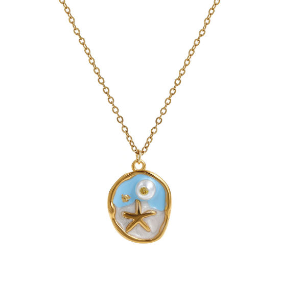 Picture of 1 Piece Eco-friendly PVD Vacuum Plating Retro 18K Real Gold Plated Multicolor 304 Stainless Steel & Acrylic Link Cable Chain Irregular Star Fish Enamel Pendant Charm Necklace For Women Gift 45cm(17.7") + 5cm(2") long