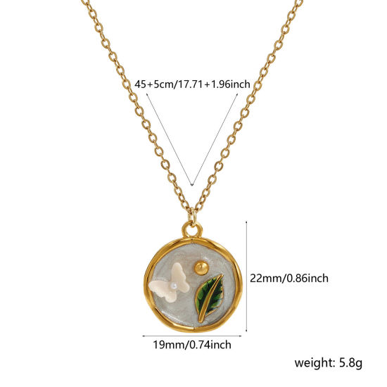Picture of 1 Piece Eco-friendly PVD Vacuum Plating Retro 18K Real Gold Plated Multicolor 304 Stainless Steel & Acrylic Link Cable Chain Round Butterfly Enamel Pendant Charm Necklace For Women Gift 45cm(17.7") + 5cm(2") long
