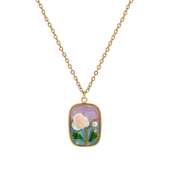 Picture of 1 Piece Eco-friendly PVD Vacuum Plating Retro 18K Real Gold Plated Multicolor 304 Stainless Steel & Acrylic Link Cable Chain Rectangle Rose Flower Enamel Pendant Charm Necklace For Women Gift 45cm(17.7") + 5cm(2") long