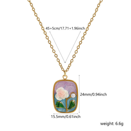 Picture of 1 Piece Eco-friendly PVD Vacuum Plating Retro 18K Real Gold Plated Multicolor 304 Stainless Steel & Acrylic Link Cable Chain Rectangle Rose Flower Enamel Pendant Charm Necklace For Women Gift 45cm(17.7") + 5cm(2") long