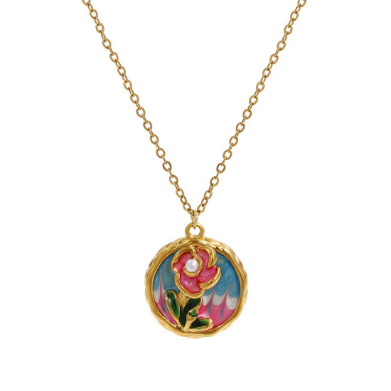 Picture of 1 Piece Eco-friendly PVD Vacuum Plating Retro 18K Real Gold Plated Multicolor 304 Stainless Steel & Acrylic Link Cable Chain Round Flower Enamel Pendant Charm Necklace For Women Gift 45cm(17.7") + 5cm(2") long