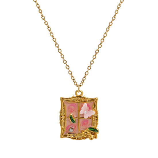 Picture of 1 Piece Eco-friendly PVD Vacuum Plating Retro 18K Real Gold Plated Multicolor 304 Stainless Steel & Acrylic Link Cable Chain Window Butterfly Enamel Pendant Charm Necklace For Women Gift 45cm(17.7") + 5cm(2") long