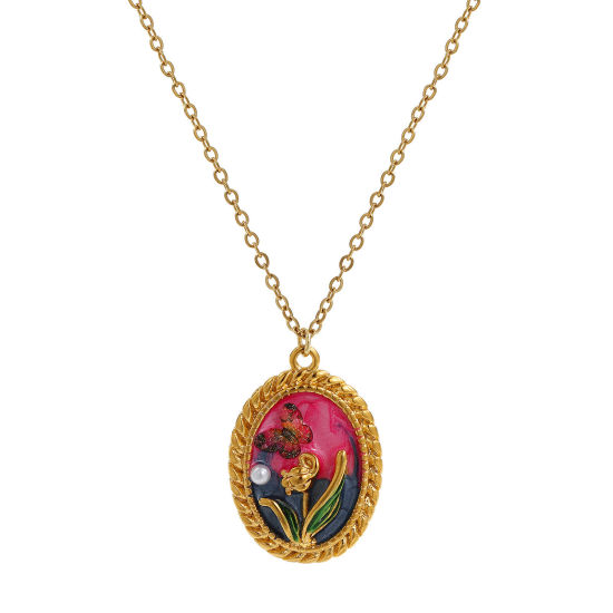 Picture of 1 Piece Eco-friendly PVD Vacuum Plating Retro 18K Real Gold Plated Multicolor 304 Stainless Steel & Acrylic Link Cable Chain Oval Tulip Flower Enamel Pendant Charm Necklace For Women Gift 45cm(17.7") + 5cm(2") long