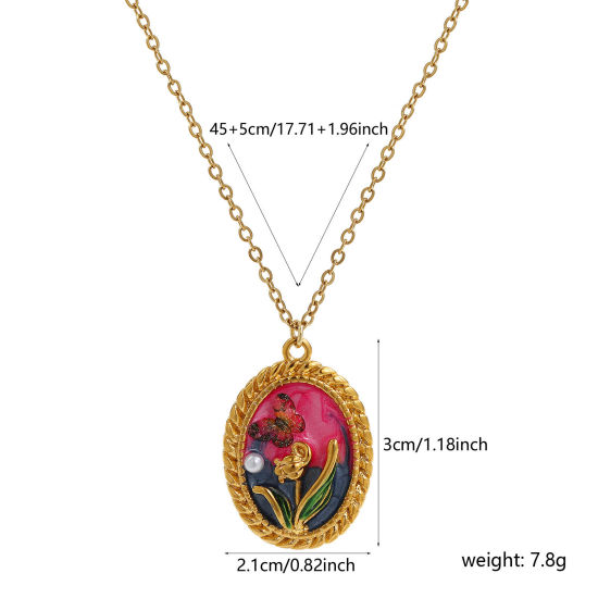 Picture of 1 Piece Eco-friendly PVD Vacuum Plating Retro 18K Real Gold Plated Multicolor 304 Stainless Steel & Acrylic Link Cable Chain Oval Tulip Flower Enamel Pendant Charm Necklace For Women Gift 45cm(17.7") + 5cm(2") long