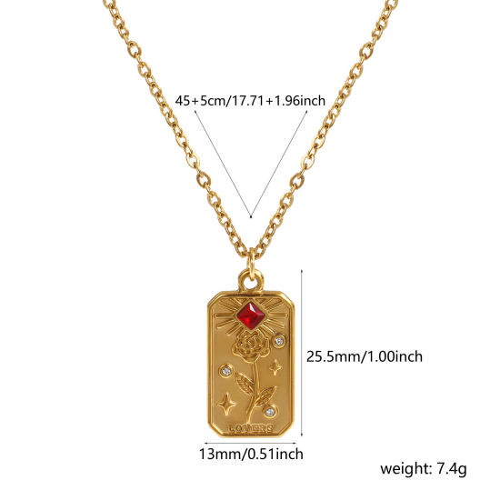 18Kリアルゴールドメッキ 小豆チェーン・あづきチェーン タロット ペンダントネックレス, 304ステンレス鋼 45cm + 5cm, 女性のため, レッド ラインストーン ローズ 文字「 LOVERS 」 素敵 プレゼント, エコフレンドリー PVD真空メッキ, 1 本 の画像