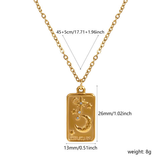 18Kリアルゴールドメッキ 小豆チェーン・あづきチェーン タロット ペンダントネックレス, 304ステンレス鋼 45cm + 5cm, 女性のため, 透明 ラインストーン ムーン 文字「 THE STAR 」 素敵 プレゼント, エコフレンドリー PVD真空メッキ, 1 本 の画像