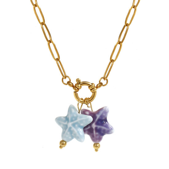 18K Gold Plated Paperclip Link Chain Star Fish Pendant Charm Necklace, 304 Stainless Steel & Ceramic 40cm(15.7"), For Women, Mauve Sweet & Cute Ocean Jewelry Gift, Eco-friendly PVD Vacuum Plating, 1 Piece の画像
