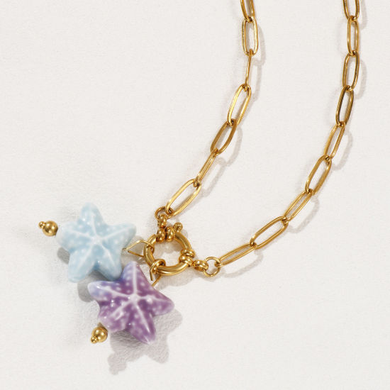 18K Gold Plated Paperclip Link Chain Star Fish Pendant Charm Necklace, 304 Stainless Steel & Ceramic 40cm(15.7"), For Women, Mauve Sweet & Cute Ocean Jewelry Gift, Eco-friendly PVD Vacuum Plating, 1 Piece の画像