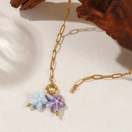 18K Gold Plated Paperclip Link Chain Star Fish Pendant Charm Necklace, 304 Stainless Steel & Ceramic 40cm(15.7"), For Women, Mauve Sweet & Cute Ocean Jewelry Gift, Eco-friendly PVD Vacuum Plating, 1 Piece の画像