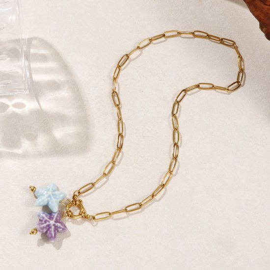 18K Gold Plated Paperclip Link Chain Star Fish Pendant Charm Necklace, 304 Stainless Steel & Ceramic 40cm(15.7"), For Women, Mauve Sweet & Cute Ocean Jewelry Gift, Eco-friendly PVD Vacuum Plating, 1 Piece の画像