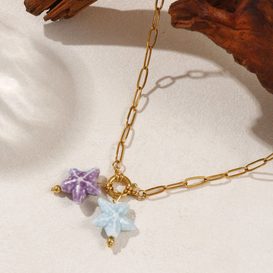 18K Gold Plated Paperclip Link Chain Star Fish Pendant Charm Necklace, 304 Stainless Steel & Ceramic 40cm(15.7"), For Women, Mauve Sweet & Cute Ocean Jewelry Gift, Eco-friendly PVD Vacuum Plating, 1 Piece の画像