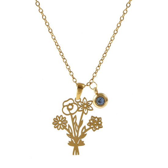 Immagine di 18K Vero Oro Placcato Catena a Cavo Fiore Collana con Ciondolo, 304 Acciaio Inossidabile 45cm + 5cm, Per Donne, Blu acqua Strass Marzo Elegante Pietre Nascita Regalo, Placcatura Sottovuoto PVD Ecologica, 1 Pz