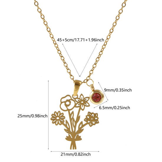 Immagine di 18K Vero Oro Placcato Catena a Cavo Fiore Collana con Ciondolo, 304 Acciaio Inossidabile 45cm + 5cm, Per Donne, Roso Strass Luglio Elegante Pietre Nascita Regalo, Placcatura Sottovuoto PVD Ecologica, 1 Pz