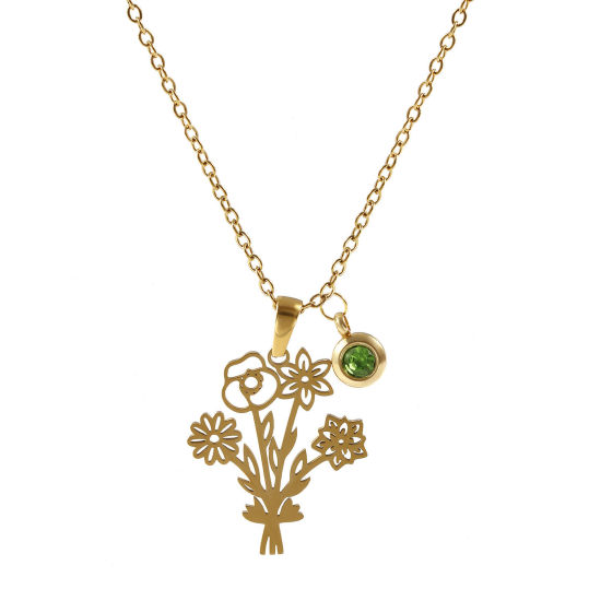 Immagine di 18K Vero Oro Placcato Catena a Cavo Fiore Collana con Ciondolo, 304 Acciaio Inossidabile 45cm + 5cm, Per Donne, Verde Oliva Strass Agosto Elegante Pietre Nascita Regalo, Placcatura Sottovuoto PVD Ecologica, 1 Pz