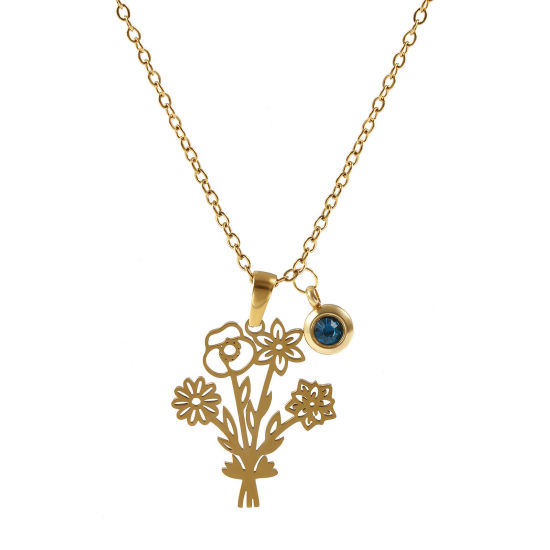 Immagine di 18K Vero Oro Placcato Catena a Cavo Fiore Collana con Ciondolo, 304 Acciaio Inossidabile 45cm + 5cm, Per Donne, Blu Marino Strass Settembre Elegante Pietre Nascita Regalo, Placcatura Sottovuoto PVD Ecologica, 1 Pz