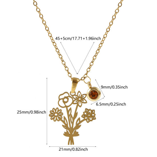 Immagine di 18K Vero Oro Placcato Catena a Cavo Fiore Collana con Ciondolo, 304 Acciaio Inossidabile 45cm + 5cm, Per Donne, Lt.Col.Topazio Strass Novembre Elegante Pietre Nascita Regalo, Placcatura Sottovuoto PVD Ecologica, 1 Pz