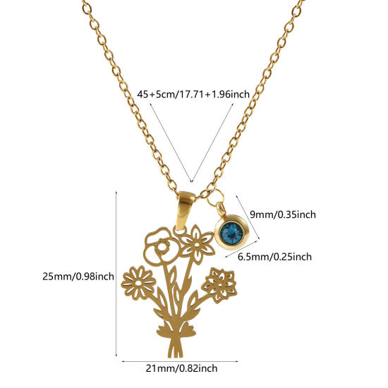 Immagine di 18K Vero Oro Placcato Catena a Cavo Fiore Collana con Ciondolo, 304 Acciaio Inossidabile 45cm + 5cm, Per Donne, Verde Blu Strass Dicembre Elegante Pietre Nascita Regalo, Placcatura Sottovuoto PVD Ecologica, 1 Pz