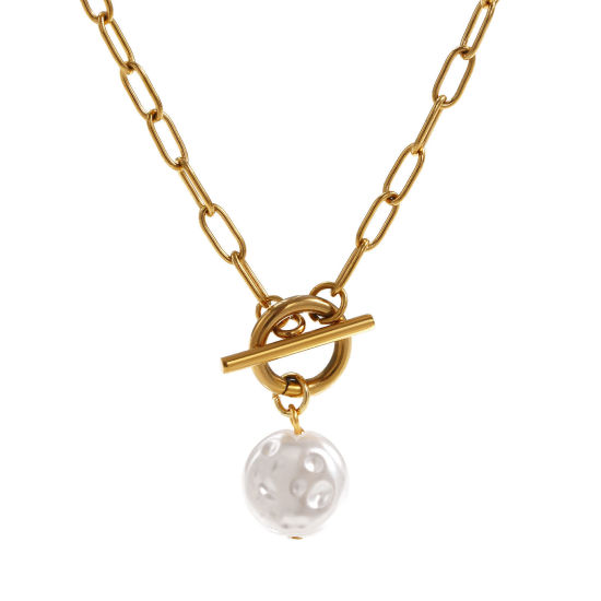 Bild von 18K Echtgold plattiert Büroklammerkette Flachrund Anhänger Halskette, 304 Edelstahl 45cm, Für Frauen, Weiß Acryl Imitat Perle, Exquisit Geschenk, Umweltfreundliche PVD-Vakuumbeschichtung, 1 Strang