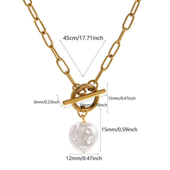 Bild von 18K Echtgold plattiert Büroklammerkette Flachrund Anhänger Halskette, 304 Edelstahl 45cm, Für Frauen, Weiß Acryl Imitat Perle, Exquisit Geschenk, Umweltfreundliche PVD-Vakuumbeschichtung, 1 Strang