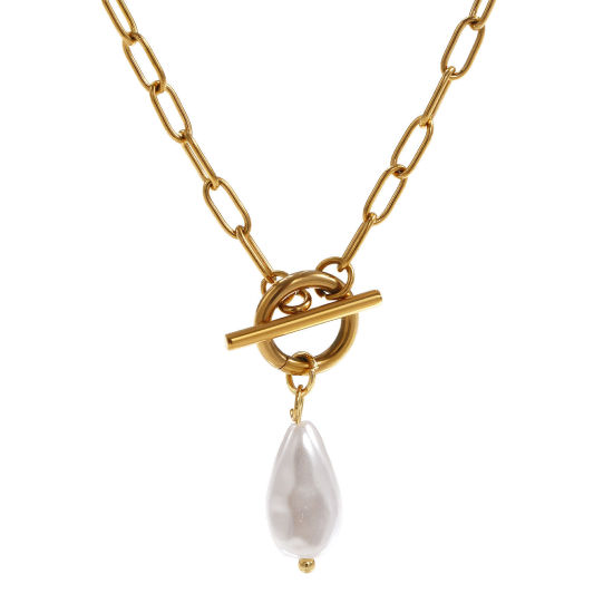 Bild von 18K Echtgold plattiert Büroklammerkette Tropfen Anhänger Halskette, 304 Edelstahl 45cm, Für Frauen, Weiß Acryl Imitat Perle, Exquisit Geschenk, Umweltfreundliche PVD-Vakuumbeschichtung, 1 Strang