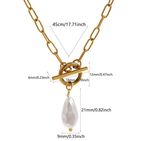 Bild von 18K Echtgold plattiert Büroklammerkette Tropfen Anhänger Halskette, 304 Edelstahl 45cm, Für Frauen, Weiß Acryl Imitat Perle, Exquisit Geschenk, Umweltfreundliche PVD-Vakuumbeschichtung, 1 Strang