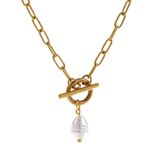 Bild von 18K Echtgold plattiert Büroklammerkette Oval Anhänger Halskette, 304 Edelstahl 45cm, Für Frauen, Weiß Acryl Imitat Perle, Exquisit Geschenk, Umweltfreundliche PVD-Vakuumbeschichtung, 1 Strang