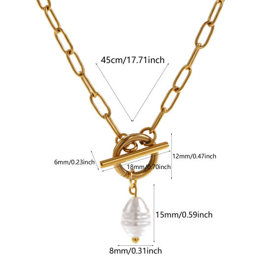 Bild von 18K Echtgold plattiert Büroklammerkette Oval Anhänger Halskette, 304 Edelstahl 45cm, Für Frauen, Weiß Acryl Imitat Perle, Exquisit Geschenk, Umweltfreundliche PVD-Vakuumbeschichtung, 1 Strang