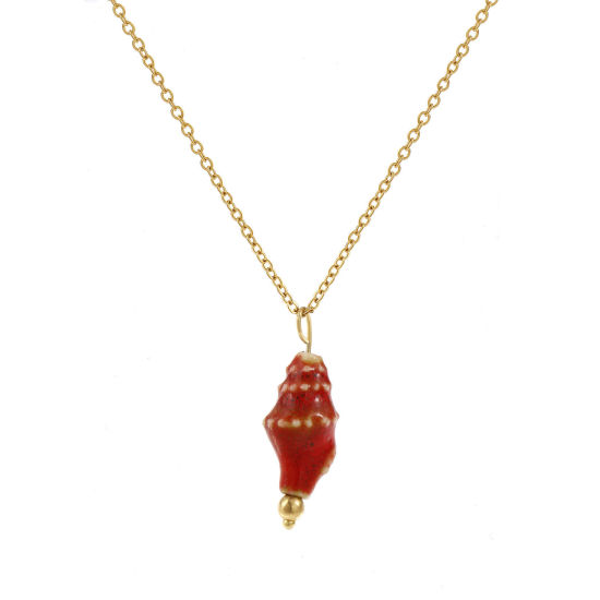 Imagen de 18K Oro Real Chapado Cadena de Cable Cruz Caracola Collar con Colgante, 304 Acero Inoxidable & Cerámica 45cm + 5cm, Para Mujeres, Rojo 3D, Exquisito Regalo, Recubrimiento al Vacío PVD Ecológico, 1 Unidad