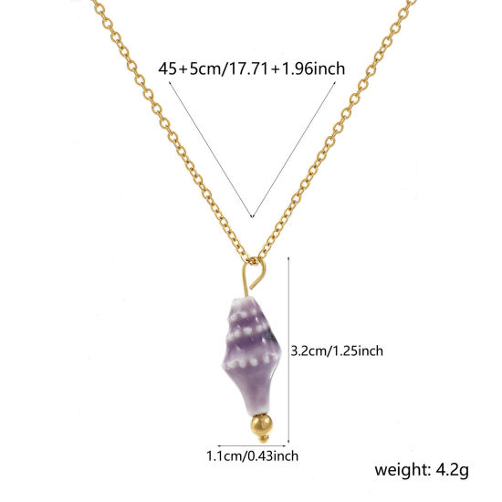 Imagen de 18K Oro Real Chapado Cadena de Cable Cruz Caracola Collar con Colgante, 304 Acero Inoxidable & Cerámica 45cm + 5cm, Para Mujeres, Púrpura 3D, Exquisito Regalo, Recubrimiento al Vacío PVD Ecológico, 1 Unidad