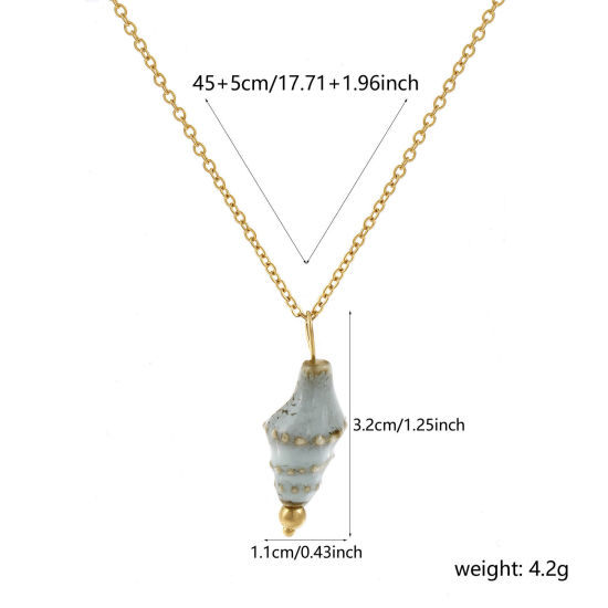 Imagen de 18K Oro Real Chapado Cadena de Cable Cruz Caracola Collar con Colgante, 304 Acero Inoxidable & Cerámica 45cm + 5cm, Para Mujeres, Verde Salvia 3D, Exquisito Regalo, Recubrimiento al Vacío PVD Ecológico, 1 Unidad
