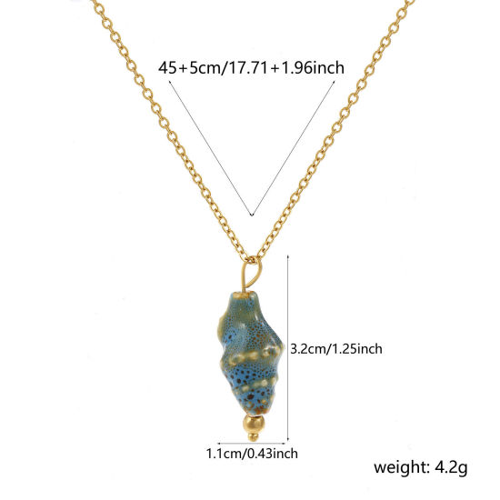 Imagen de 18K Oro Real Chapado Cadena de Cable Cruz Caracola Collar con Colgante, 304 Acero Inoxidable & Cerámica 45cm + 5cm, Para Mujeres, Verde Azul 3D, Exquisito Regalo, Recubrimiento al Vacío PVD Ecológico, 1 Unidad