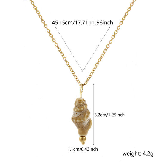 Imagen de 18K Oro Real Chapado Cadena de Cable Cruz Caracola Collar con Colgante, 304 Acero Inoxidable & Cerámica 45cm + 5cm, Para Mujeres, Caqui 3D, Exquisito Regalo, Recubrimiento al Vacío PVD Ecológico, 1 Unidad
