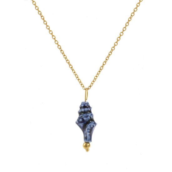 Imagen de 18K Oro Real Chapado Cadena de Cable Cruz Caracola Collar con Colgante, 304 Acero Inoxidable & Cerámica 45cm + 5cm, Para Mujeres, Azul Oscuro 3D, Exquisito Regalo, Recubrimiento al Vacío PVD Ecológico, 1 Unidad