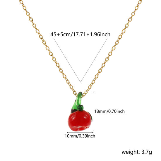 Изображение 18K настоящее золото с покрытием Кабельные Цепи Яблоко Ожерелье с подвеской, 304 Нержавеющая Сталь И Полива 45см + 5см, Для женщин, Красный Трехмерный, Изысканный подарок, Экологичное вакуумное PVD-покрытие, 1 ШТ