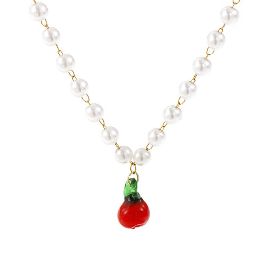 Immagine di 18K Vero Oro Placcato Catena di Perline Mela Collana con Ciondolo, 304 Acciaio Inossidabile & Lampwork Vetro 45cm, Per Donne, Rosso 3D, Squisito Regalo, Placcatura Sottovuoto PVD Ecologica, 1 Pz