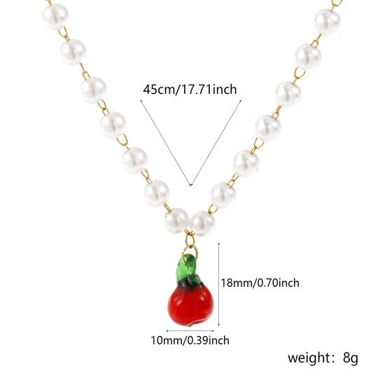 Immagine di 18K Vero Oro Placcato Catena di Perline Mela Collana con Ciondolo, 304 Acciaio Inossidabile & Lampwork Vetro 45cm, Per Donne, Rosso 3D, Squisito Regalo, Placcatura Sottovuoto PVD Ecologica, 1 Pz