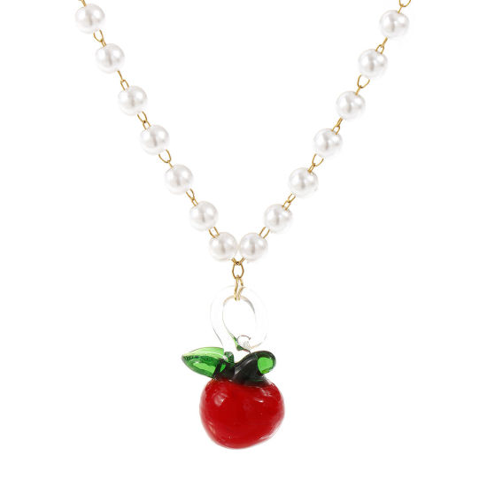 Immagine di 18K Vero Oro Placcato Catena di Perline Mela Collana con Ciondolo, 304 Acciaio Inossidabile & Lampwork Vetro 45cm, Per Donne, Rosso 3D, Squisito Regalo, Placcatura Sottovuoto PVD Ecologica, 1 Pz