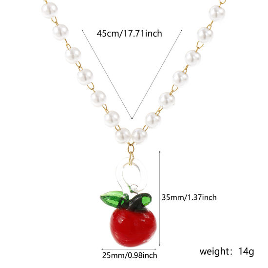 Immagine di 18K Vero Oro Placcato Catena di Perline Mela Collana con Ciondolo, 304 Acciaio Inossidabile & Lampwork Vetro 45cm, Per Donne, Rosso 3D, Squisito Regalo, Placcatura Sottovuoto PVD Ecologica, 1 Pz