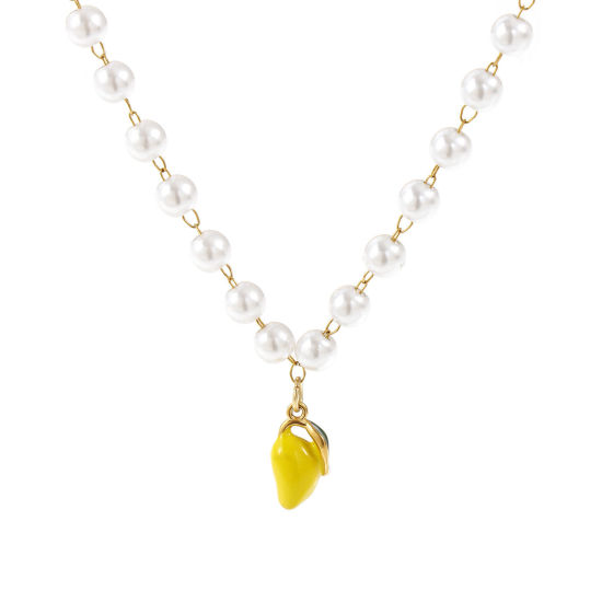 Immagine di 18K Vero Oro Placcato Catena di Perline Frutto Di Mango Collana con Ciondolo, 304 Acciaio Inossidabile 45cm, Per Donne, Giallo Smalto 3D, Squisito Regalo, Placcatura Sottovuoto PVD Ecologica, 1 Pz