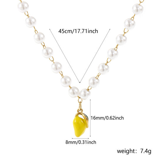 Immagine di 18K Vero Oro Placcato Catena di Perline Frutto Di Mango Collana con Ciondolo, 304 Acciaio Inossidabile 45cm, Per Donne, Giallo Smalto 3D, Squisito Regalo, Placcatura Sottovuoto PVD Ecologica, 1 Pz
