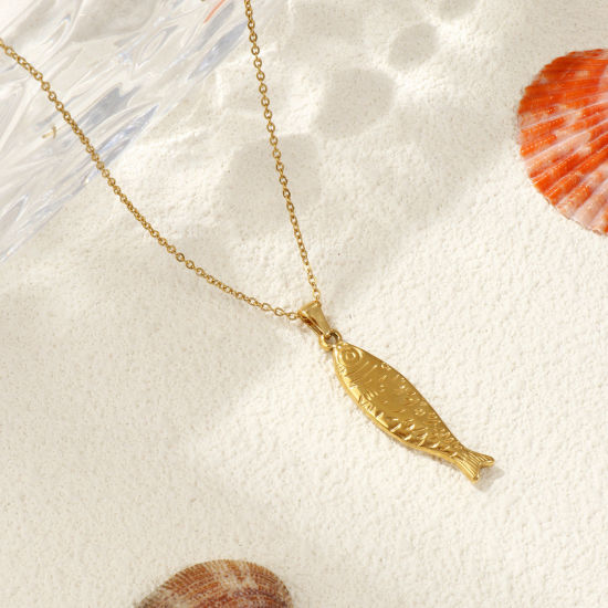 18Kリアルゴールドメッキ 小豆チェーン・あづきチェーン 魚 ペンダントネックレス、 304ステンレス鋼 45cm + 5cm、 女性のため、 3D、 素敵 海ジュエリー プレゼント、 エコフレンドリー PVD真空メッキ、 1 本 の画像