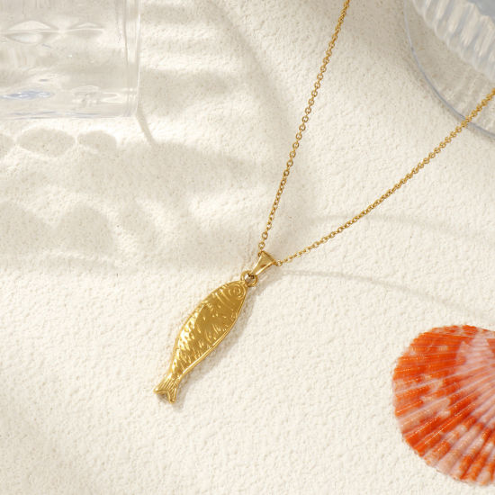 18Kリアルゴールドメッキ 小豆チェーン・あづきチェーン 魚 ペンダントネックレス、 304ステンレス鋼 45cm + 5cm、 女性のため、 3D、 素敵 海ジュエリー プレゼント、 エコフレンドリー PVD真空メッキ、 1 本 の画像