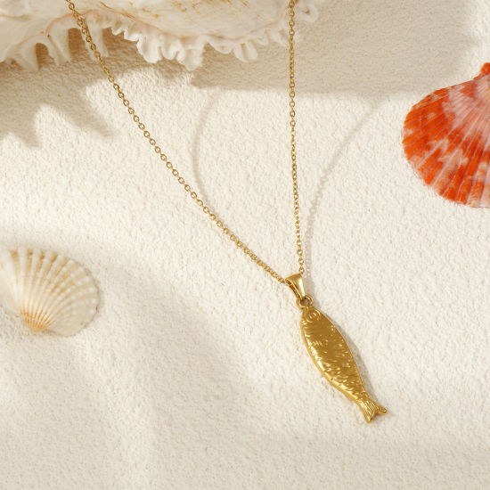 18Kリアルゴールドメッキ 小豆チェーン・あづきチェーン 魚 ペンダントネックレス、 304ステンレス鋼 45cm + 5cm、 女性のため、 3D、 素敵 海ジュエリー プレゼント、 エコフレンドリー PVD真空メッキ、 1 本 の画像