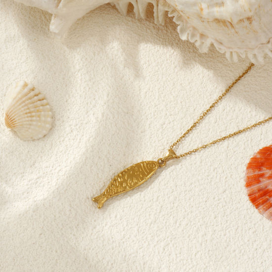 18Kリアルゴールドメッキ 小豆チェーン・あづきチェーン 魚 ペンダントネックレス、 304ステンレス鋼 45cm + 5cm、 女性のため、 3D、 素敵 海ジュエリー プレゼント、 エコフレンドリー PVD真空メッキ、 1 本 の画像
