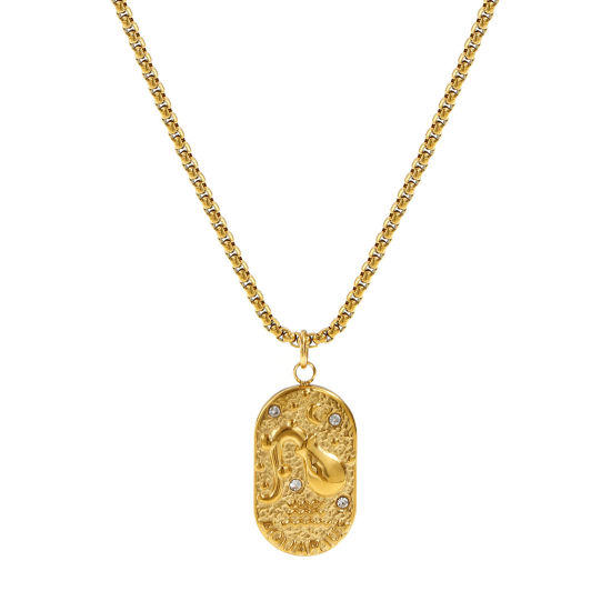 Immagine di 18K Vero Oro Placcato Catena a Casella Ovale Collana con Ciondolo, 304 Acciaio Inossidabile 45cm + 5cm, Unisex, Trasparente Cubic Zirconiae Costellazione Acquario Squisito Regalo, Placcatura Sottovuoto PVD Ecologica, 1 Pz