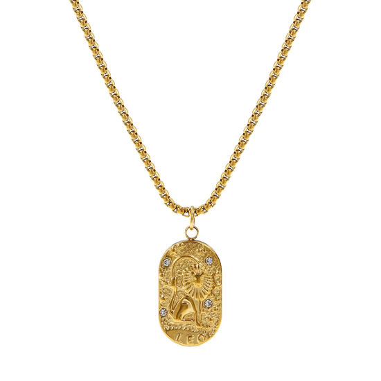 Immagine di 18K Vero Oro Placcato Catena a Casella Ovale Collana con Ciondolo, 304 Acciaio Inossidabile 45cm + 5cm, Unisex, Trasparente Cubic Zirconiae Costellazione Leone Squisito Regalo, Placcatura Sottovuoto PVD Ecologica, 1 Pz