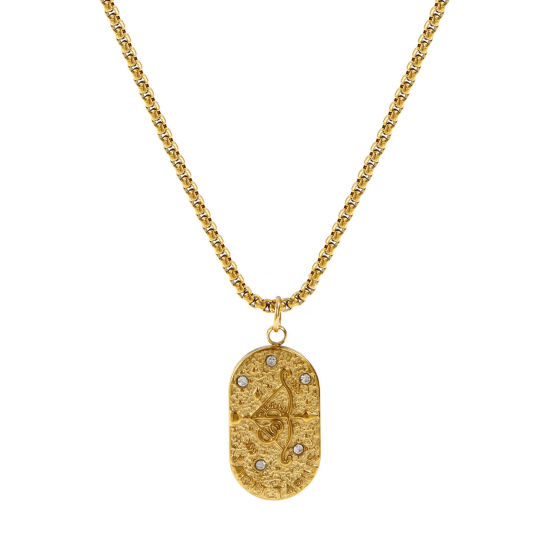 Immagine di 18K Vero Oro Placcato Catena a Casella Ovale Collana con Ciondolo, 304 Acciaio Inossidabile 45cm + 5cm, Unisex, Trasparente Cubic Zirconiae Costellazione Sagittario Squisito Regalo, Placcatura Sottovuoto PVD Ecologica, 1 Pz
