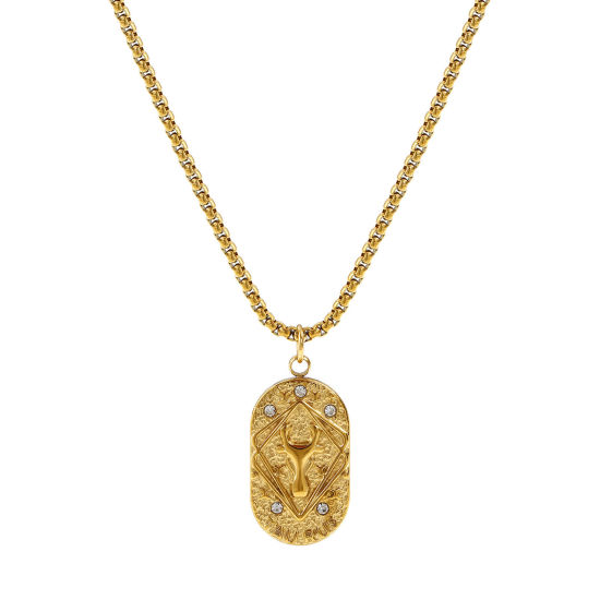 Immagine di 18K Vero Oro Placcato Catena a Casella Ovale Collana con Ciondolo, 304 Acciaio Inossidabile 45cm + 5cm, Unisex, Trasparente Cubic Zirconiae Costellazione Toro Squisito Regalo, Placcatura Sottovuoto PVD Ecologica, 1 Pz