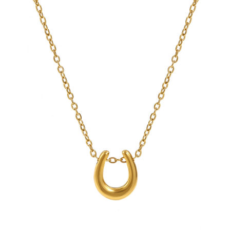 18K Real Gold Plated Link Cable Chain Luck Horseshoe Pendant Charm Necklace, 304 Stainless Steel 45cm(17.7") + 5cm(2"), Unisex, Exquisite West Cowboy Gift, Eco-friendly PVD Vacuum Plating, 1 Piece